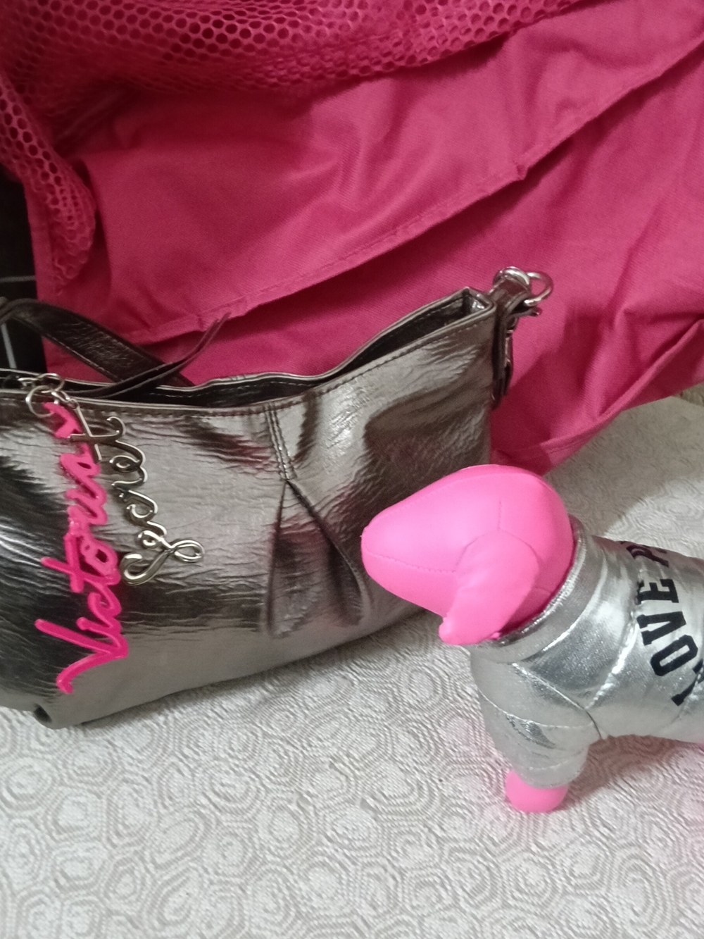 Victoria's Secret Silver Shoulder Bag with Pink Logo Charm - Picture 5 of 5